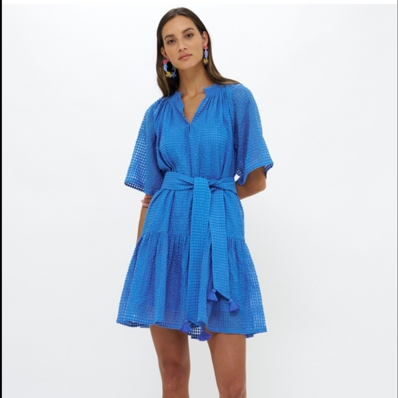 Oliphant Raglan Belted Blue Textured Belted Dress - Picture 1 of 7